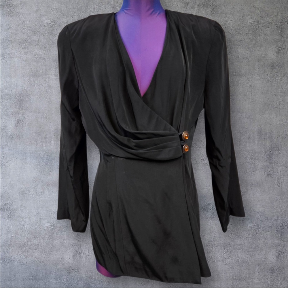 Vintage Kwai Black Draped Wrap Front Button Detail Blazer Jacket Size 10 W16